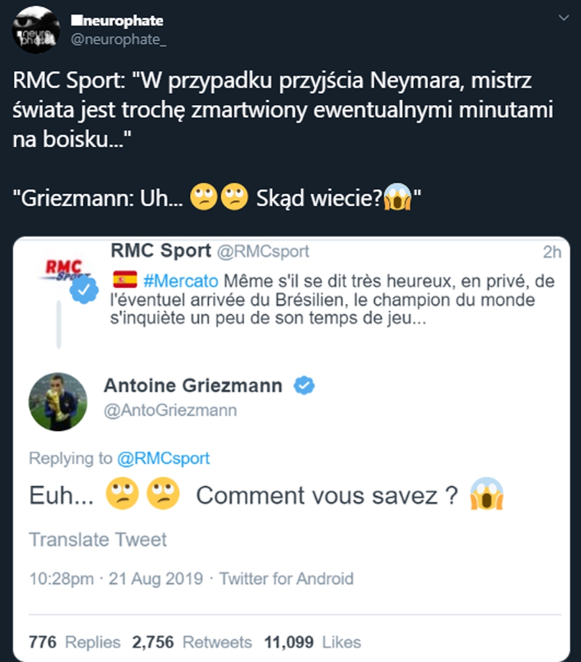 Griezmanna martwi przyjście Neymara? Francuz odpowiada...